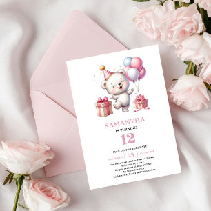 Pink Gold Girl Birthday Teddy Bear Balloon Invite