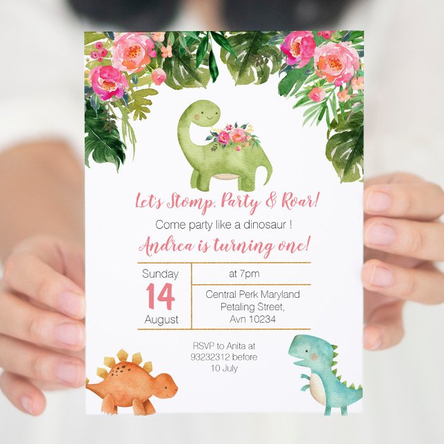 Pink & Gold Girl Dinosaur Birthday Invite (Creator Uploaded)