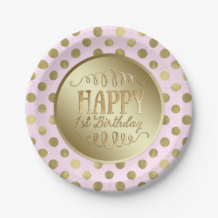 Pink Gold Girls 1st Birthday Party Paper Plate