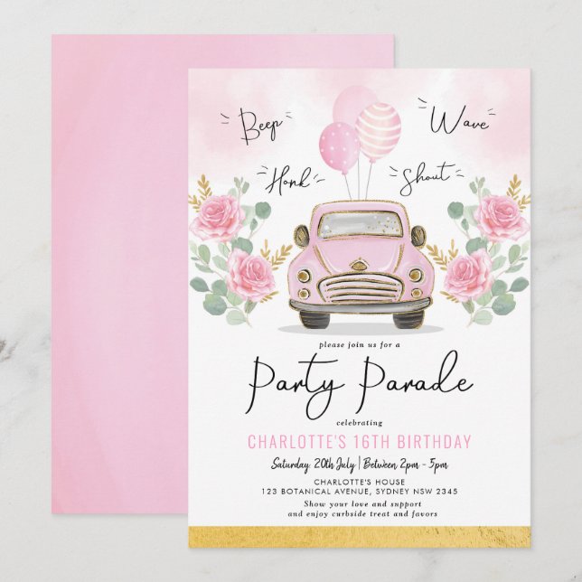 Pink Gold Girls Drive By Birthday Party Parade Invitation (Front/Back)