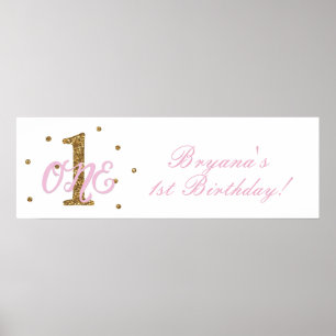 Pink & Gold Girls ONE 1st Birthday Party Banner Poster