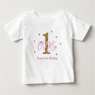 Pink & Gold Girls ONE 1st Birthday Party Custom Baby T-Shirt