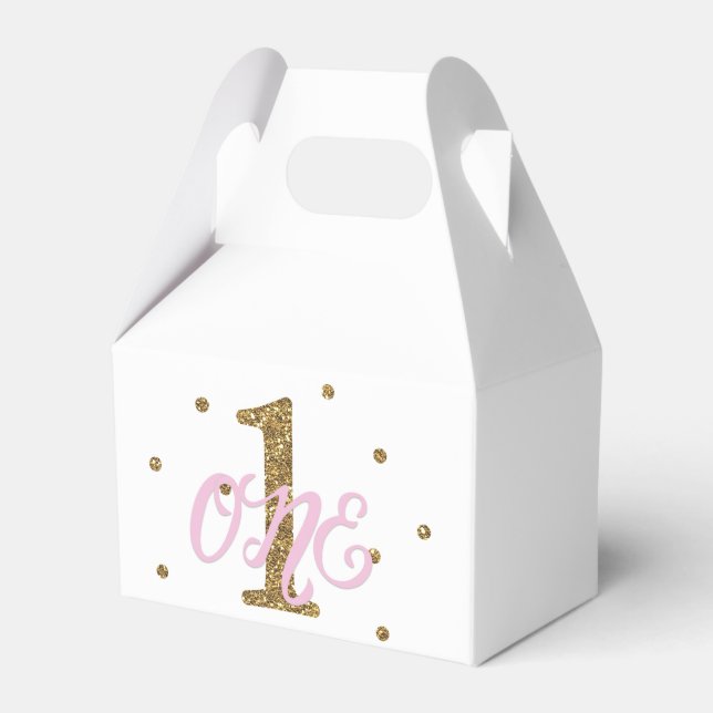 Pink & Gold Girls ONE 1st Birthday Party Favour Box (Front Side)