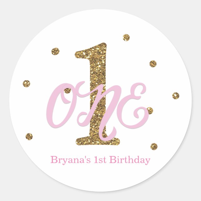 Pink & Gold Girls ONE 1st Birthday Party Favour Classic Round Sticker (Front)