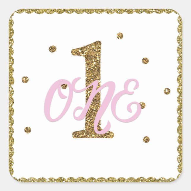 Pink & Gold Girls ONE 1st Birthday Party Favour Square Sticker (Front)