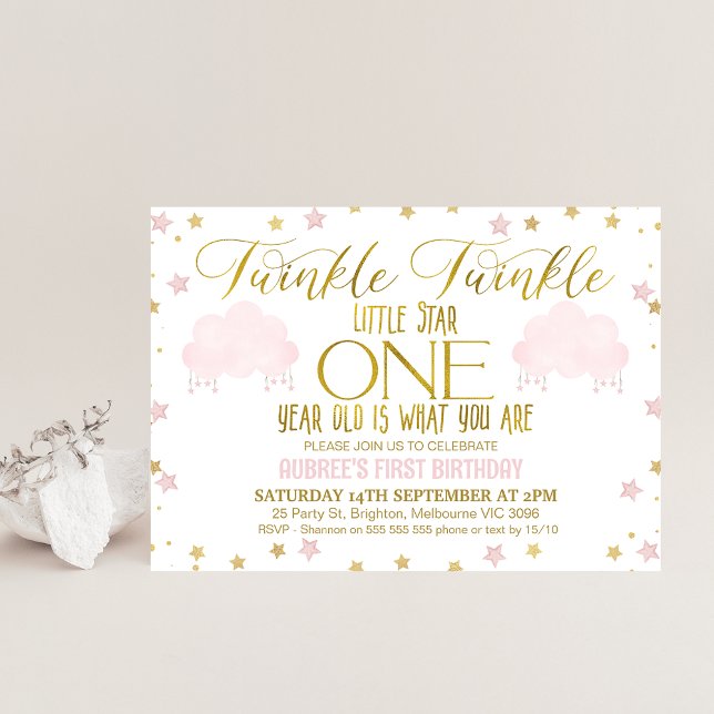 Pink Gold Girl's Twinkle Little Star 1s Birthday Invitation (Cute twinkle twinkle little star girl's birthday invitation featuring two pink clouds and stars.)