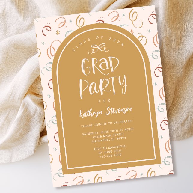 Pink Gold Girly Hand Drawn Confetti Grad Party Invitation (Shown on a 5" x 7" invitation)