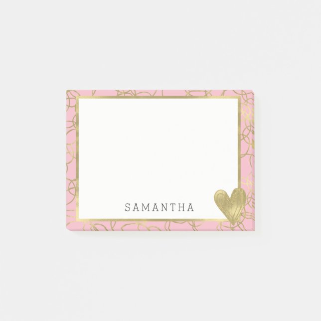 Pink Gold Glam Circles with Heart Personalised Post-it Notes (Front)