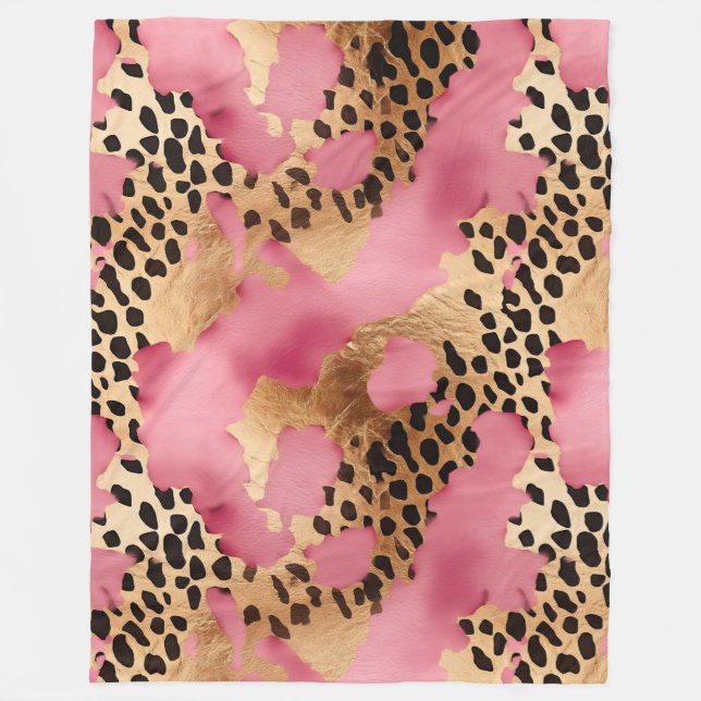 Pink Gold Glam Leopard Fleece Blanket (Front)