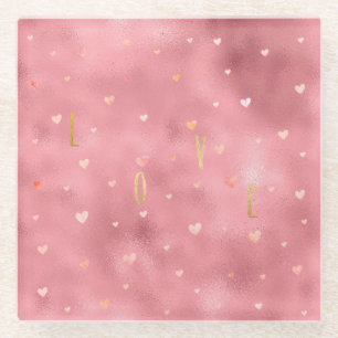 Pink Gold Glam Watercolor Love Hearts Glass Coaster