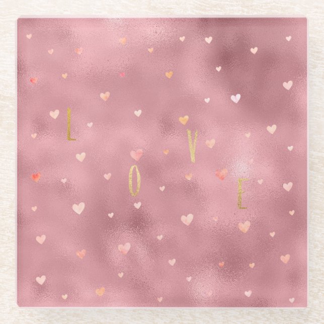 Pink Gold Glam Watercolor Love Hearts Glass Coaster (Front)
