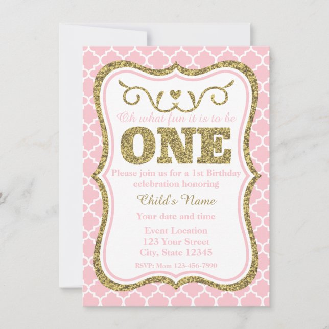 Pink Gold Glitter 1st Birthday Invite (Front)