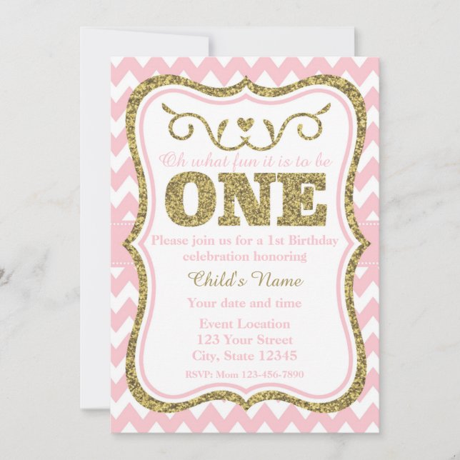Pink Gold Glitter 1st Birthday Invite (Front)