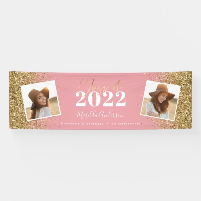 pink gold glitter 2 photo class of graduation banner (Horizontal)