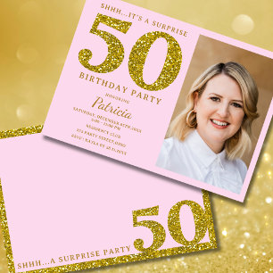 Pink Gold Glitter 50th Surprise Birthday Photo Invitation
