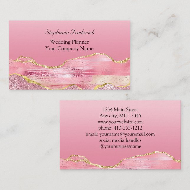 Pink Gold Glitter Agate Feminine Small Business Card (Front/Back)
