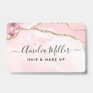 Pink Gold Glitter Agate Hair Makeup Business ID Badge