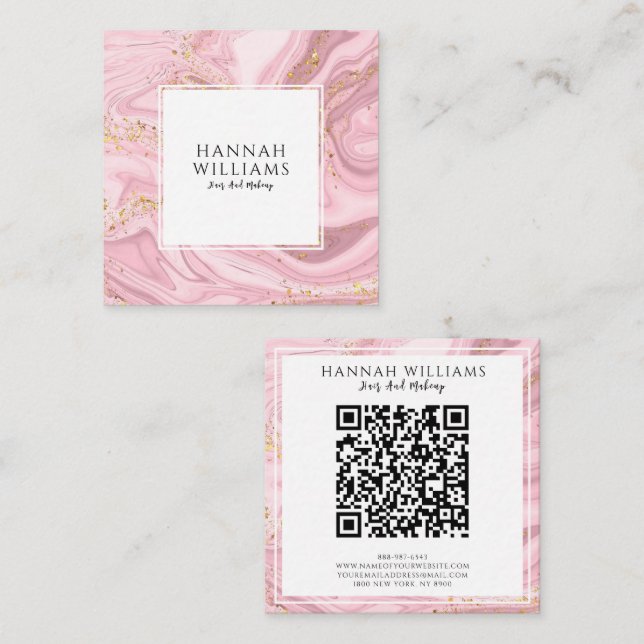 Pink & Gold Glitter Agate Qr Code Modern Unique Square Business Card (Front/Back)