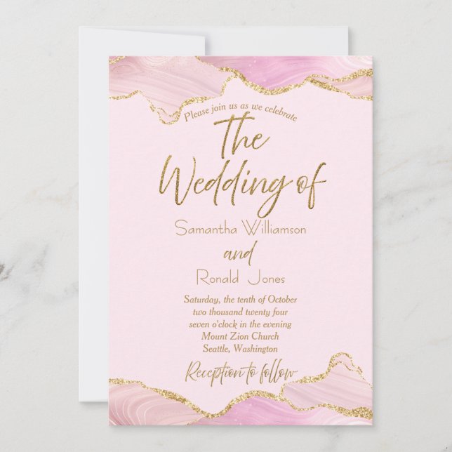 Pink & Gold Glitter Agate Wedding Invitation (Front)