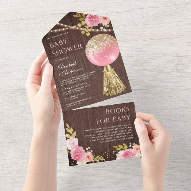 Pink Gold Glitter Balloon Floral Wood Baby Shower All In One Invitation (Tearaway)