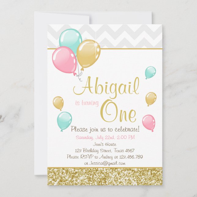 Pink Gold Glitter Balloons Birthday Invitation (Front)