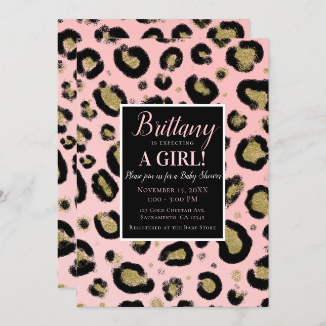 Pink Gold Glitter & Black Leopard Baby Shower Invitation (Front/Back)