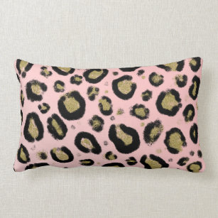 Pink Gold Glitter & Black Leopard Cheetah Print Lumbar Cushion