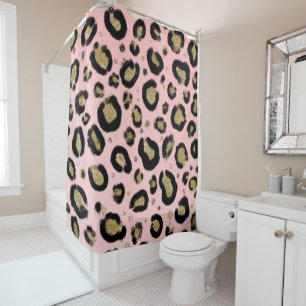 Pink Gold Glitter & Black Leopard Cheetah Print Shower Curtain