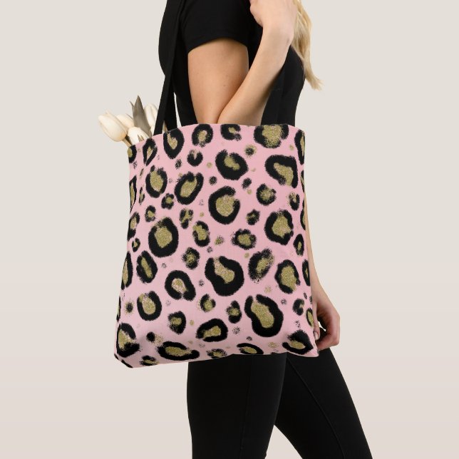 Pink Gold Glitter & Black Leopard Cheetah Print Tote Bag (Close Up)