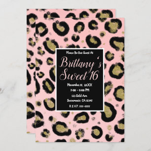 Pink Gold Glitter & Black Leopard Sweet 16 Party Invitation