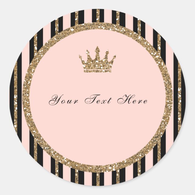 Pink Gold Glitter & Black Sweet 16 Princess Crown Classic Round Sticker (Front)