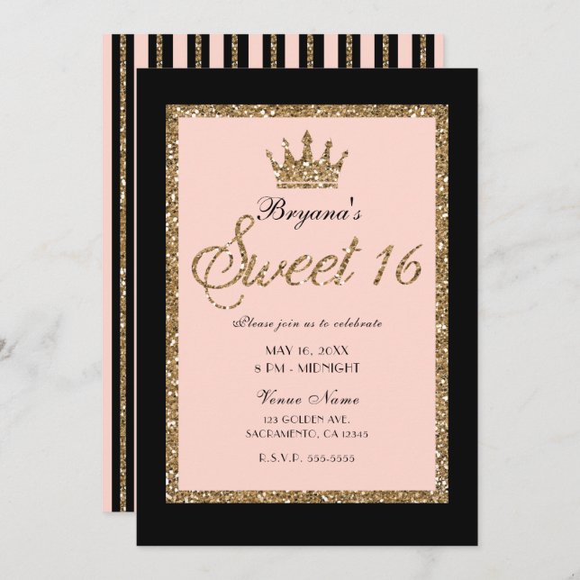 Pink Gold Glitter & Black Sweet 16 Princess Crown Invitation (Front/Back)