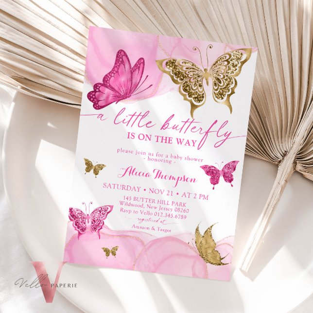 Pink Gold Glitter Butterfly Baby Shower Invitation (Creator Uploaded)