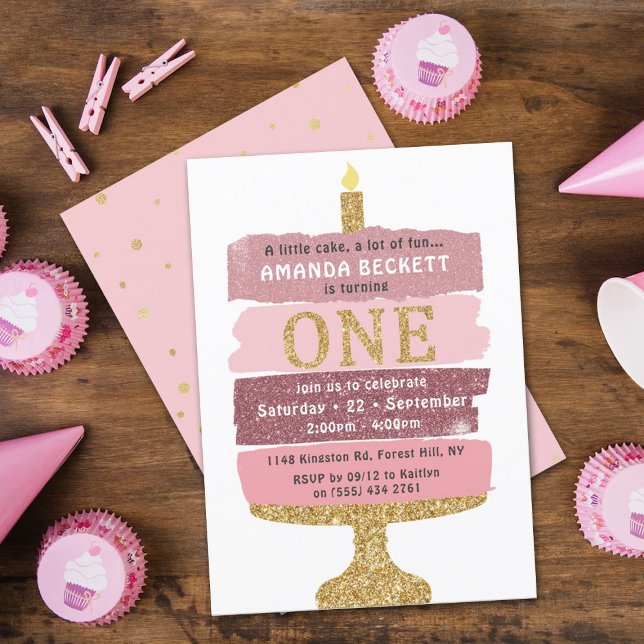 Pink & Gold Glitter Cake 1st Birthday Invitations (Creator Uploaded)