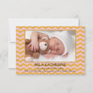 Pink/Gold Glitter Chevron - 3x5Birth Announcement