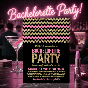 Pink & Gold Glitter Chevron Bachelorette Party Invitation