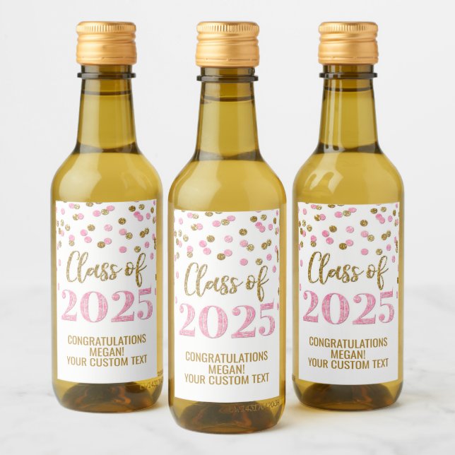 Pink Gold Glitter Class of 2025 Graduation Wine Label (Bottles)