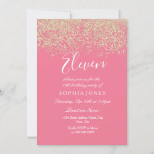 Pink Gold Glitter Confetti 11th birthday party Invitation