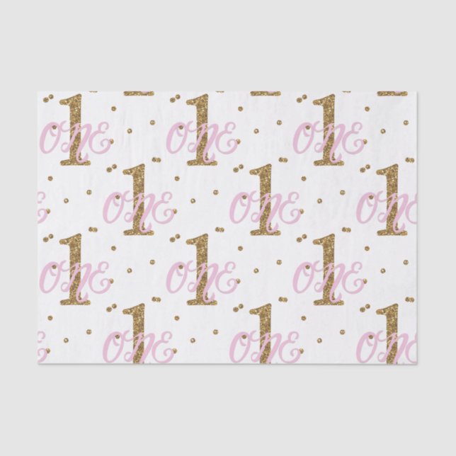 Pink & Gold Glitter Confetti 1 1st Birthday Party Tissue Paper (Front)