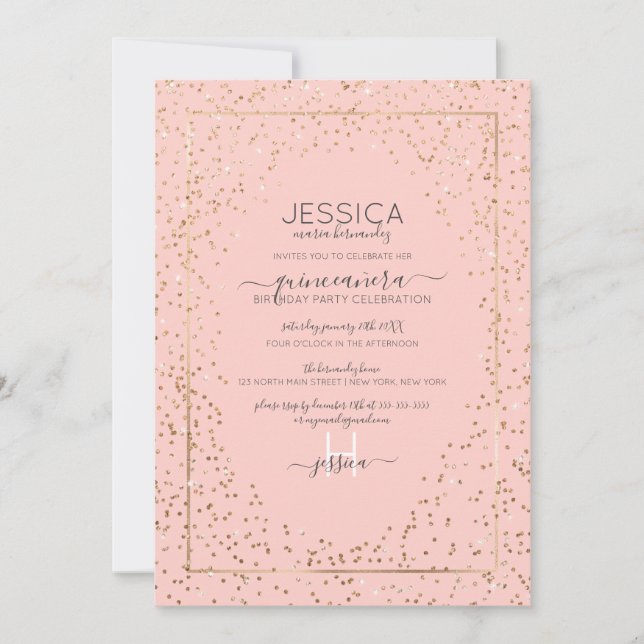 Pink Gold Glitter Confetti Border Quinceañera Invitation (Front)