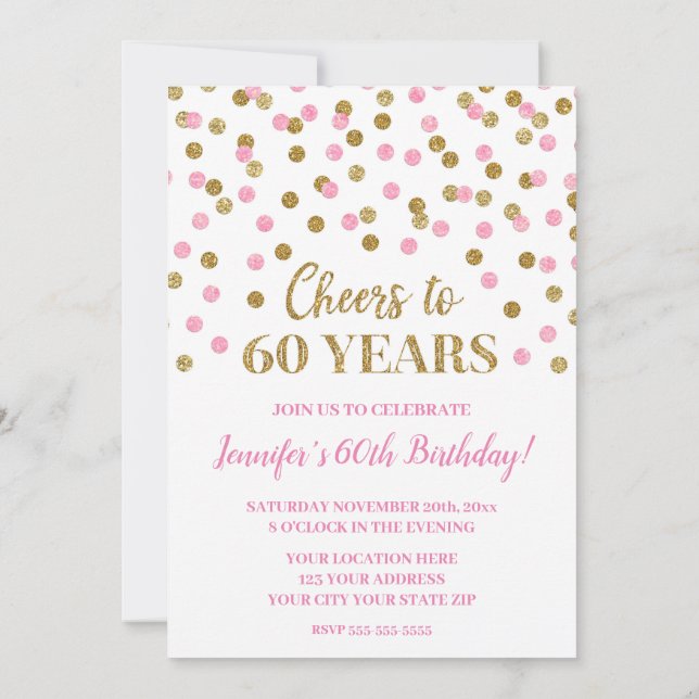 Pink Gold Glitter Confetti Cheers to 60 Years Invitation (Back)