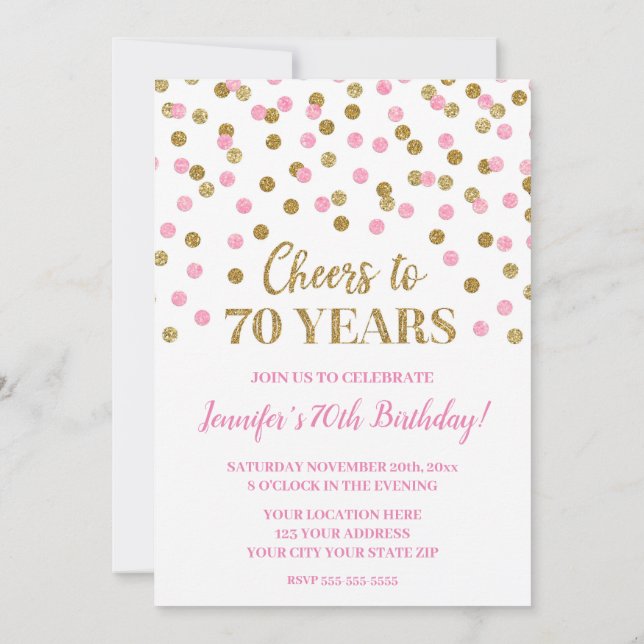 Pink Gold Glitter Confetti Cheers to 70 Years Invitation (Back)