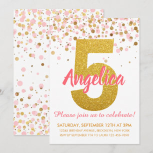 Pink Gold Glitter Confetti Girl Fifth Birthday Invitation