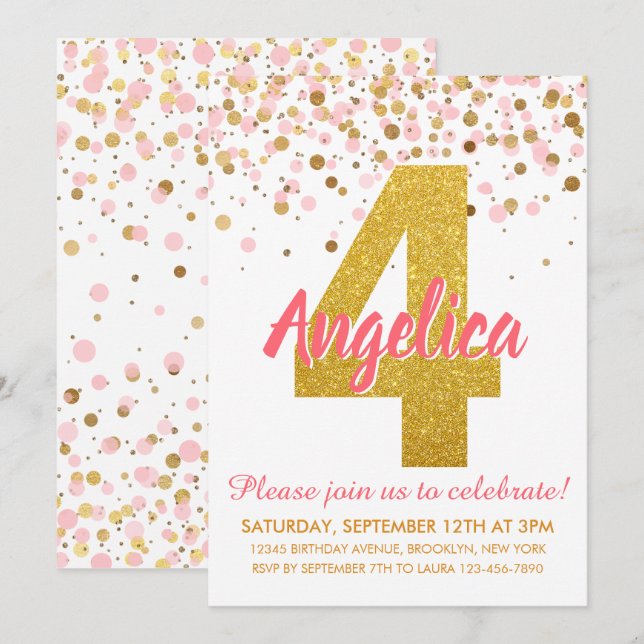 Pink Gold Glitter Confetti Girl Fourth Birthday Invitation (Front/Back)