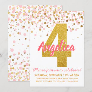 Pink Gold Glitter Confetti Girl Fourth Birthday Invitation