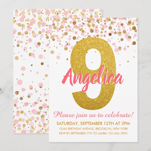Pink Gold Glitter Confetti Girl Ninth Birthday Invitation (Front/Back)