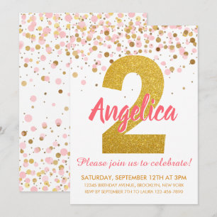 Pink Gold Glitter Confetti Girl Second Birthday Invitation