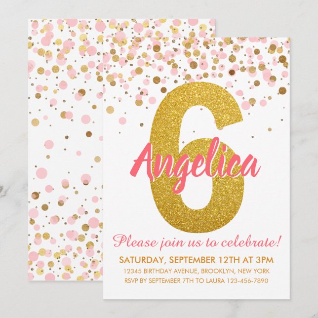 Pink Gold Glitter Confetti Girl Sixth Birthday Invitation (Front/Back)