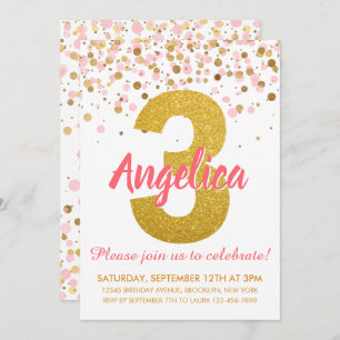 Pink Gold Glitter Confetti Girl Third Birthday Invitation