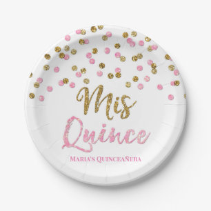 Pink Gold Glitter Confetti Mis 15 Quinceanera Paper Plate